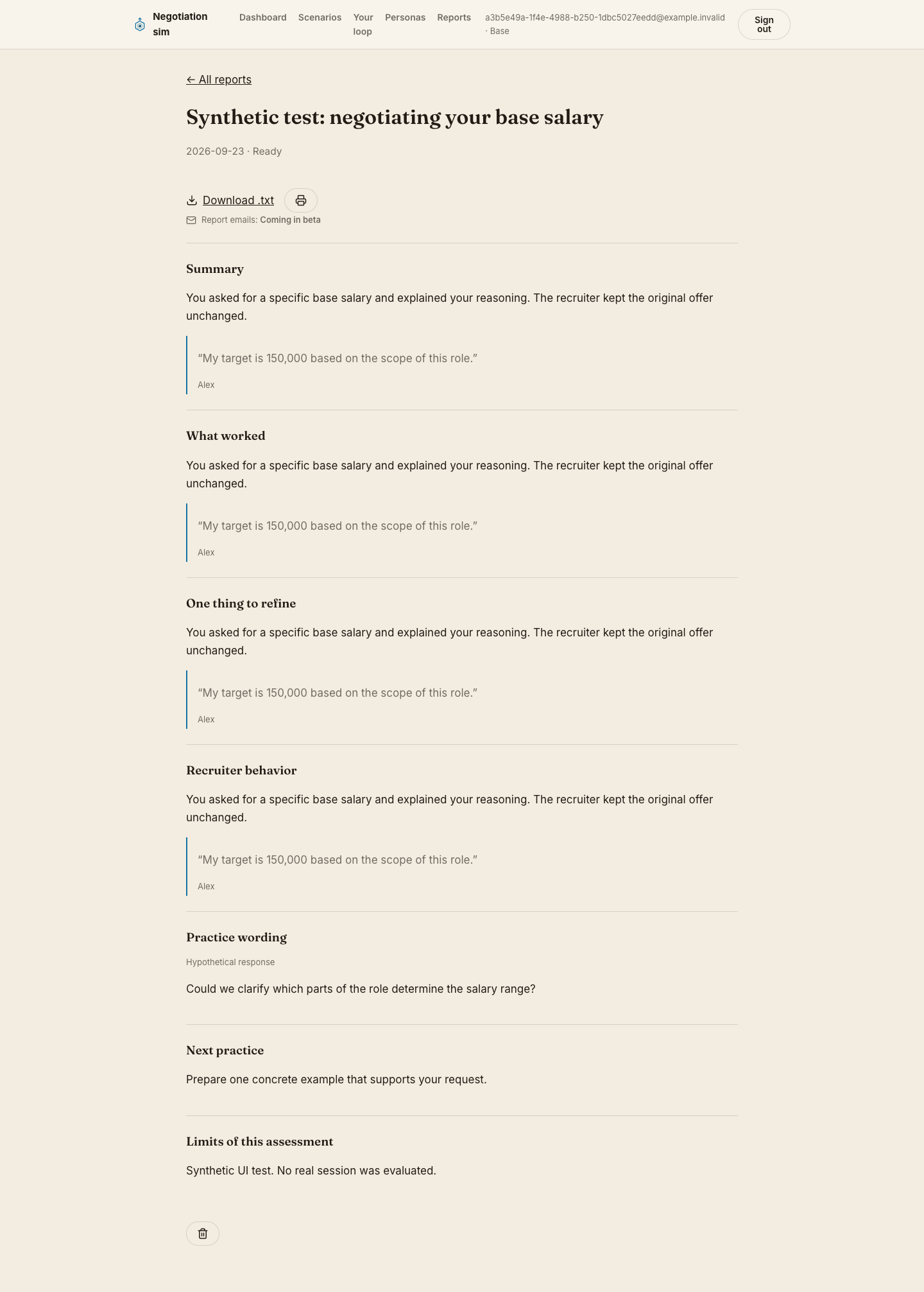 Example negotiation report showing a summary, a candidate quote, and coaching sections, using synthetic test data.